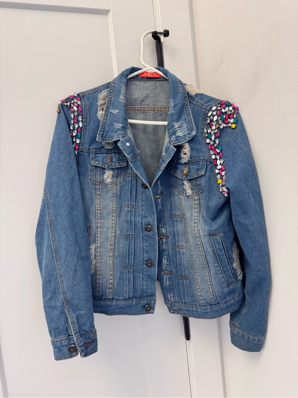 Lulumari Blue Denim Jacket with Multicolor Gem Embellished Shoulders